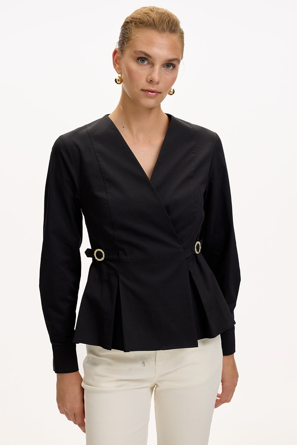 Black Slim Fit Shirt with Long Sleeves and Wrap Collar