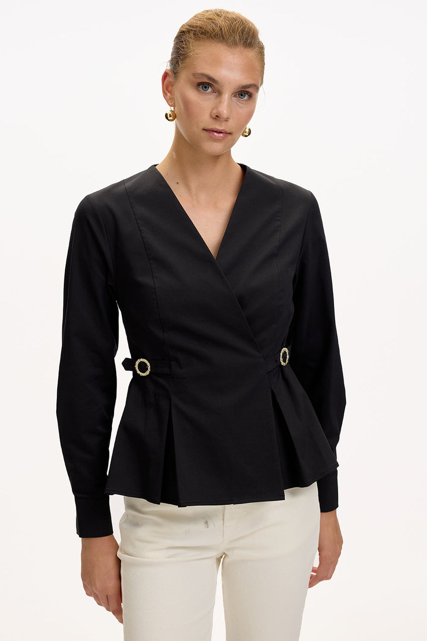 Black Slim Fit Shirt with Long Sleeves and Wrap Collar