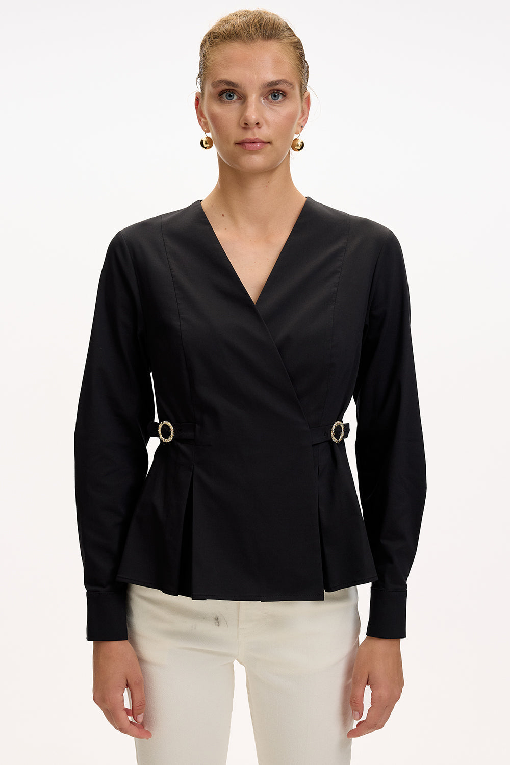 Black Slim Fit Shirt with Long Sleeves and Wrap Collar
