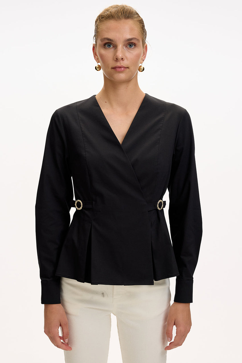 Black Slim Fit Shirt with Long Sleeves and Wrap Collar