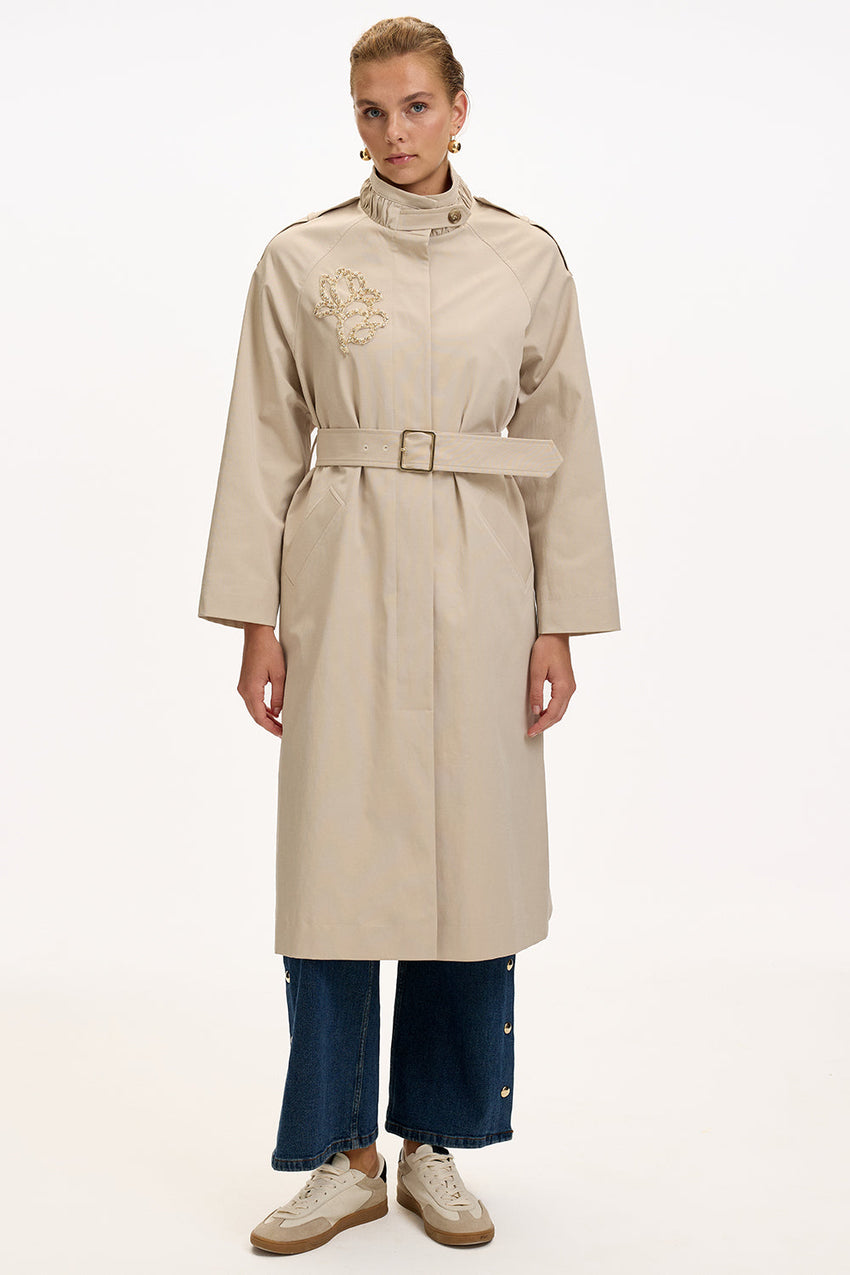 Beige Regular Fit Trench Coat with High Neck, Belt, and Stone Embellishments