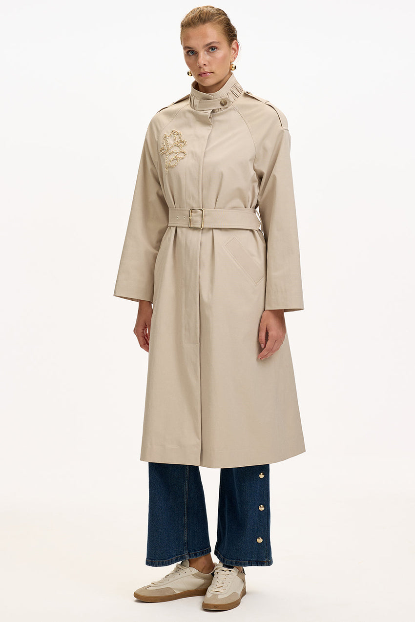 Beige Regular Fit Trench Coat with High Neck, Belt, and Stone Embellishments