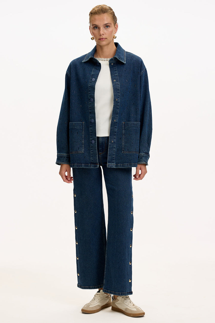 Regular Fit Indigo Denim Jacket with Long Sleeves, Buttons, and Pockets