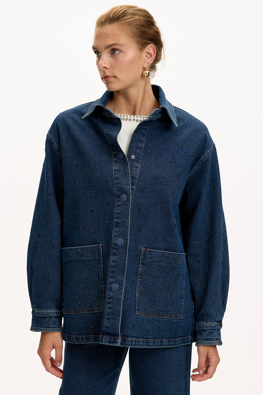 Regular Fit Indigo Denim Jacket with Long Sleeves, Buttons, and Pockets