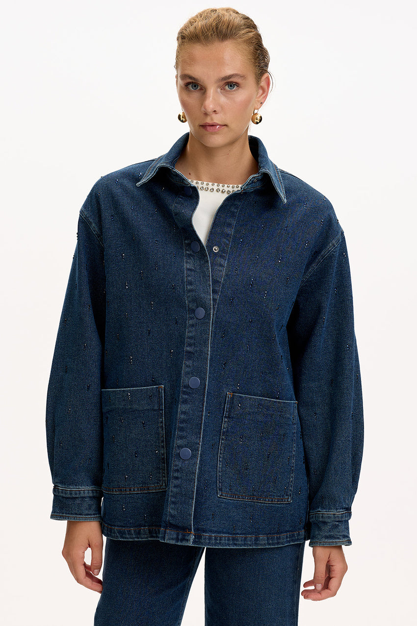 Regular Fit Indigo Denim Jacket with Long Sleeves, Buttons, and Pockets