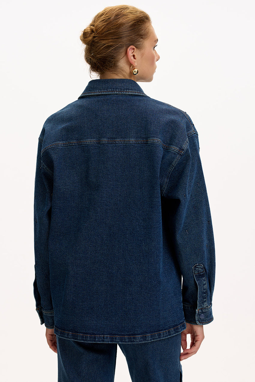 Regular Fit Indigo Denim Jacket with Long Sleeves, Buttons, and Pockets