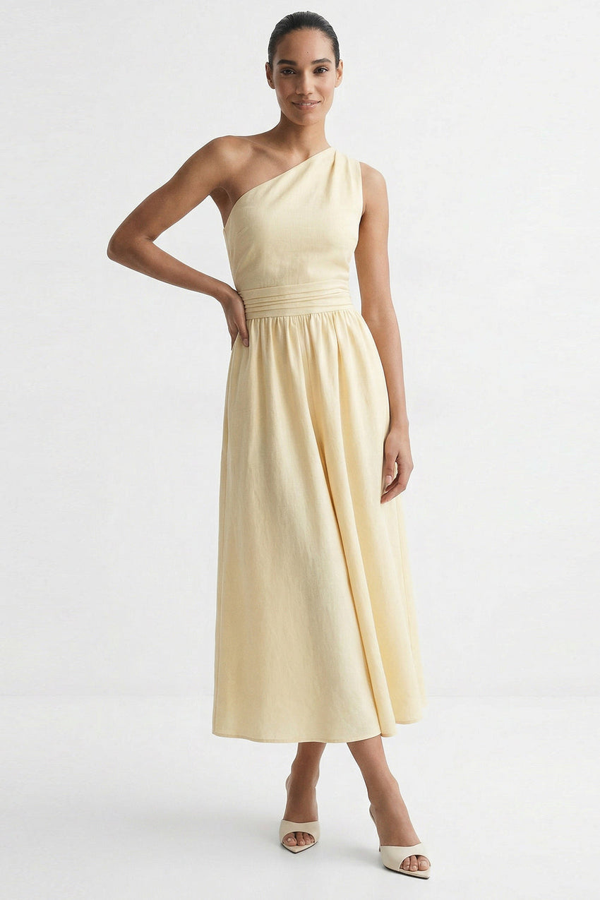 Elastic Waist Linen Blend Midi Dress - ECRU