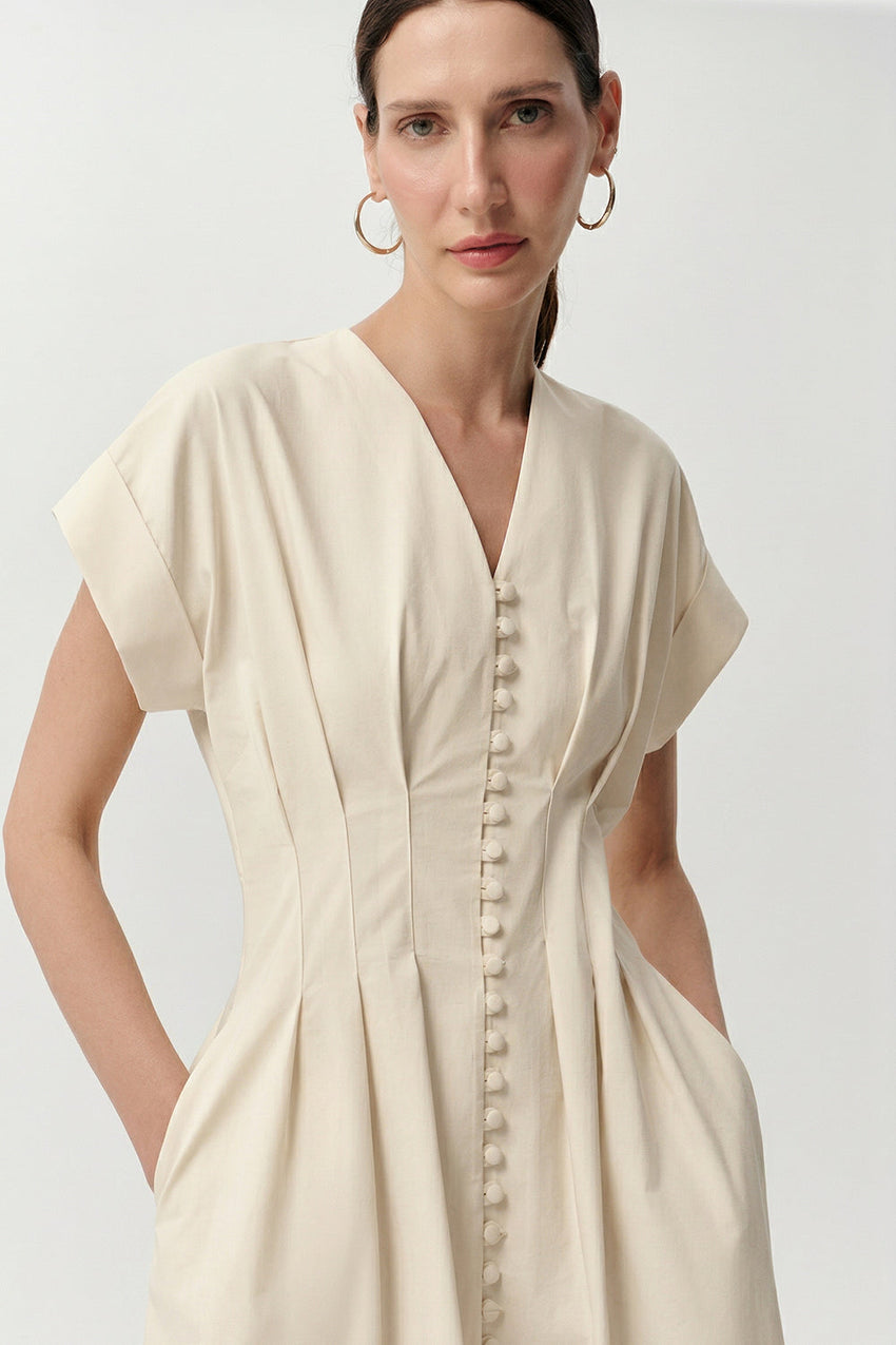 V Neck Short Sleeve Buttoned Midi Dress - BONE