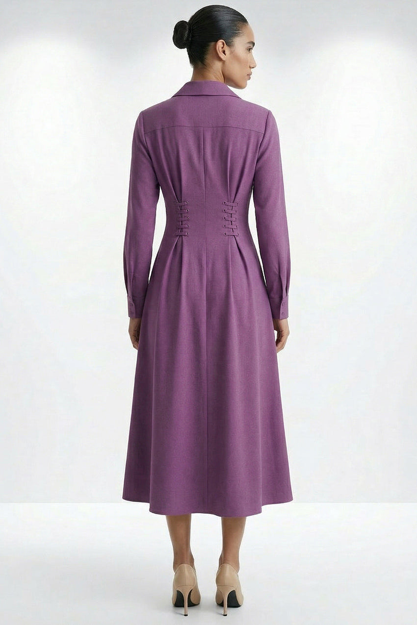 Eyelet Detail Pocket Shirt Collar Midi Dress - LILA