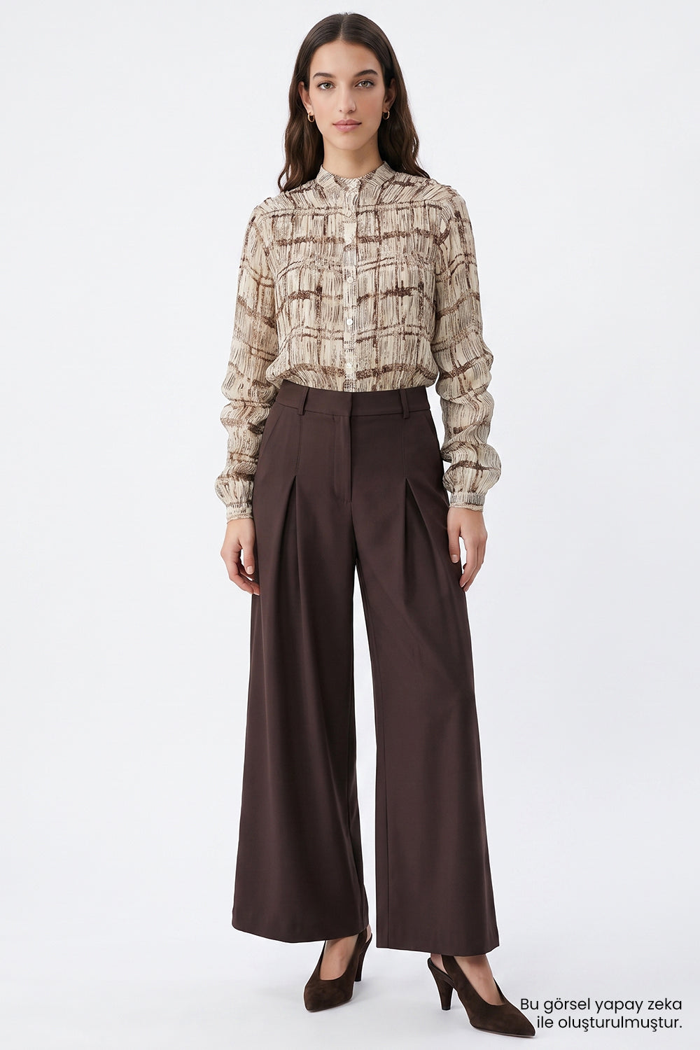High Waisted Wide Leg Pleated Trousers - BROWN