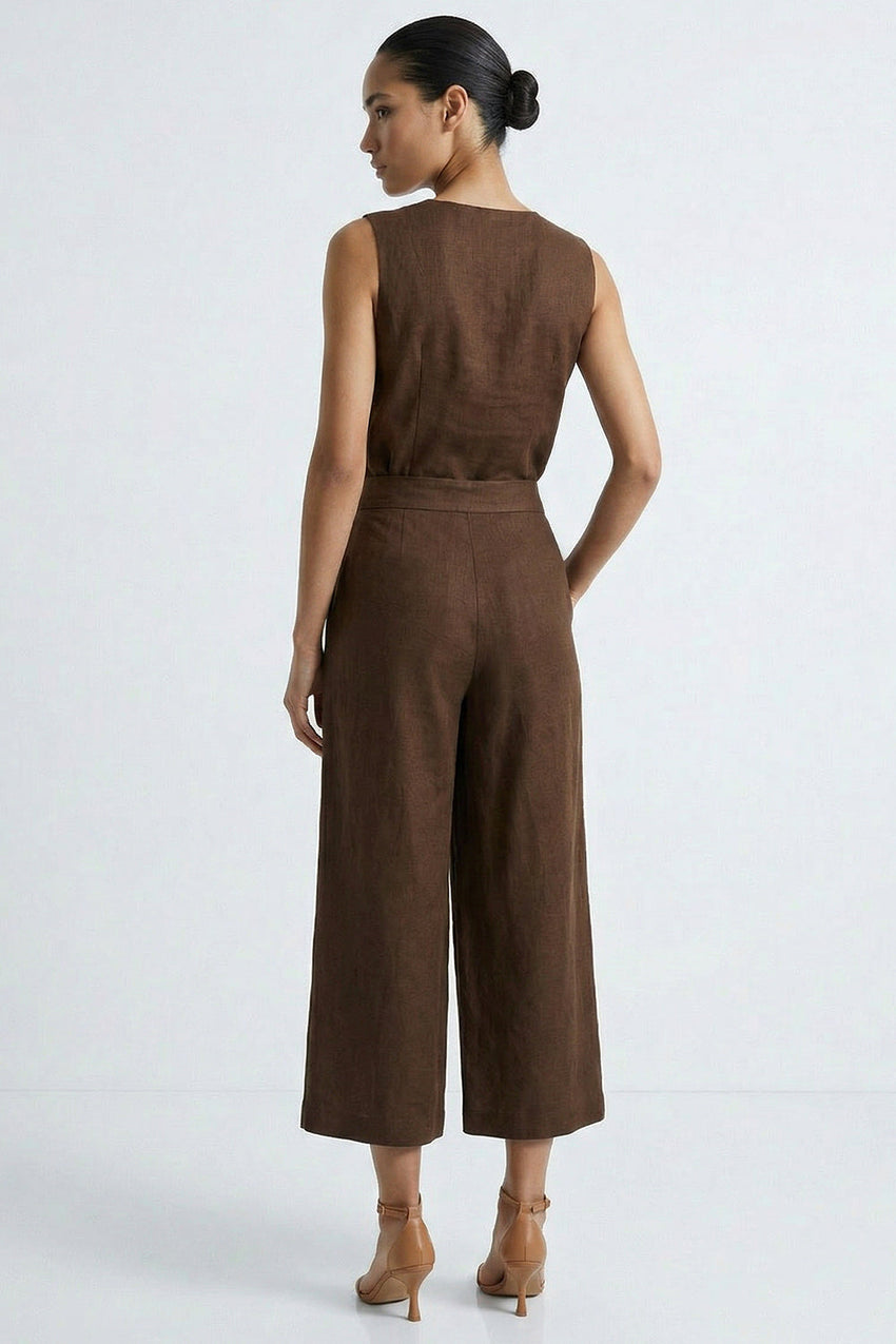Pocket Zipper Culotte Linen Pants - BROWN