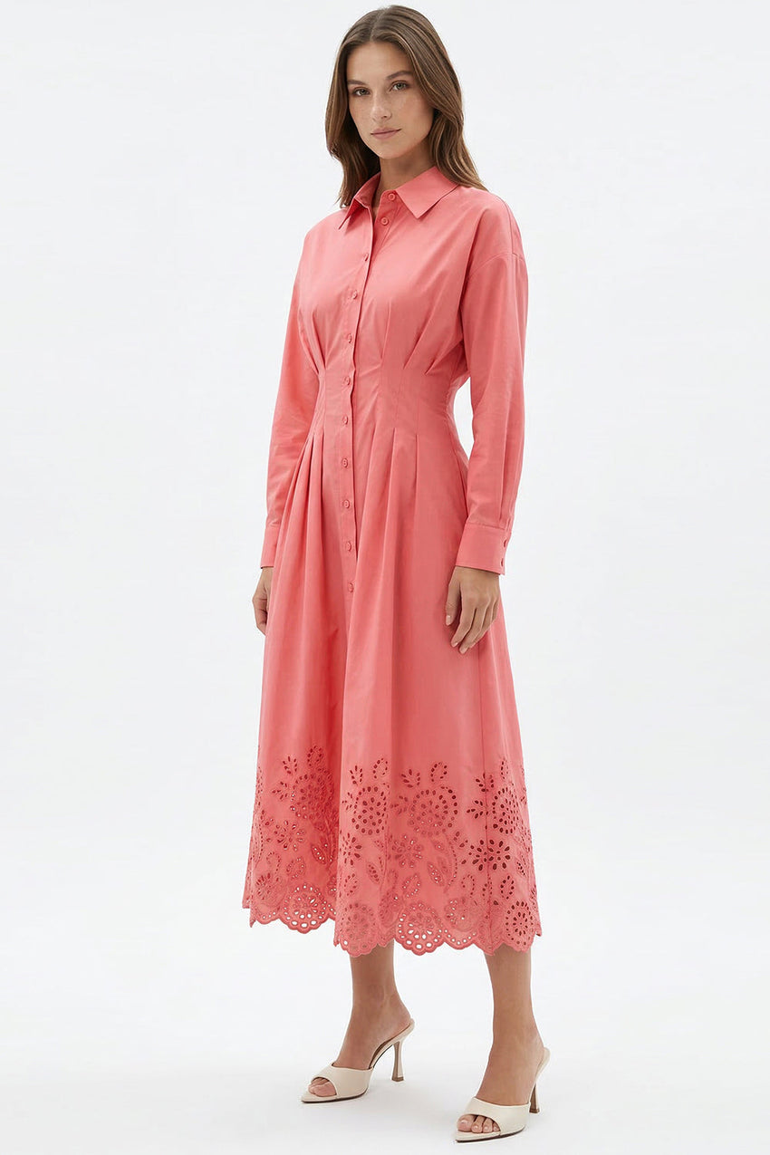 Embroidered Midi Shirt Dress - PINK