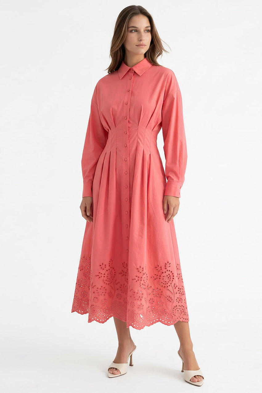 Embroidered Midi Shirt Dress - PINK