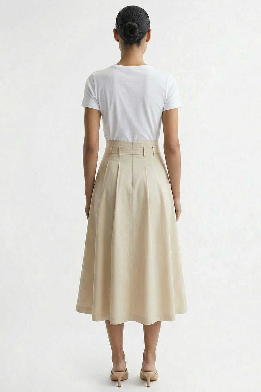 Belted High Waist Pleated Midi Skirt - CREAM