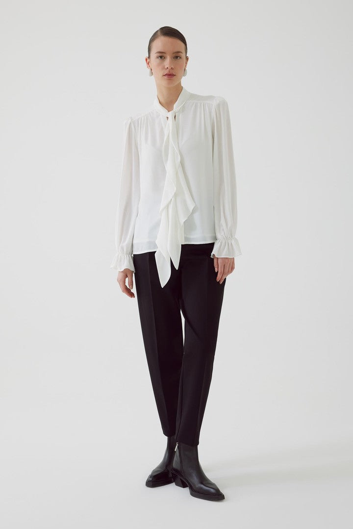 Bone Regular Fit Chiffon Blouse with Scarf Neck and Elastic Cuffs
