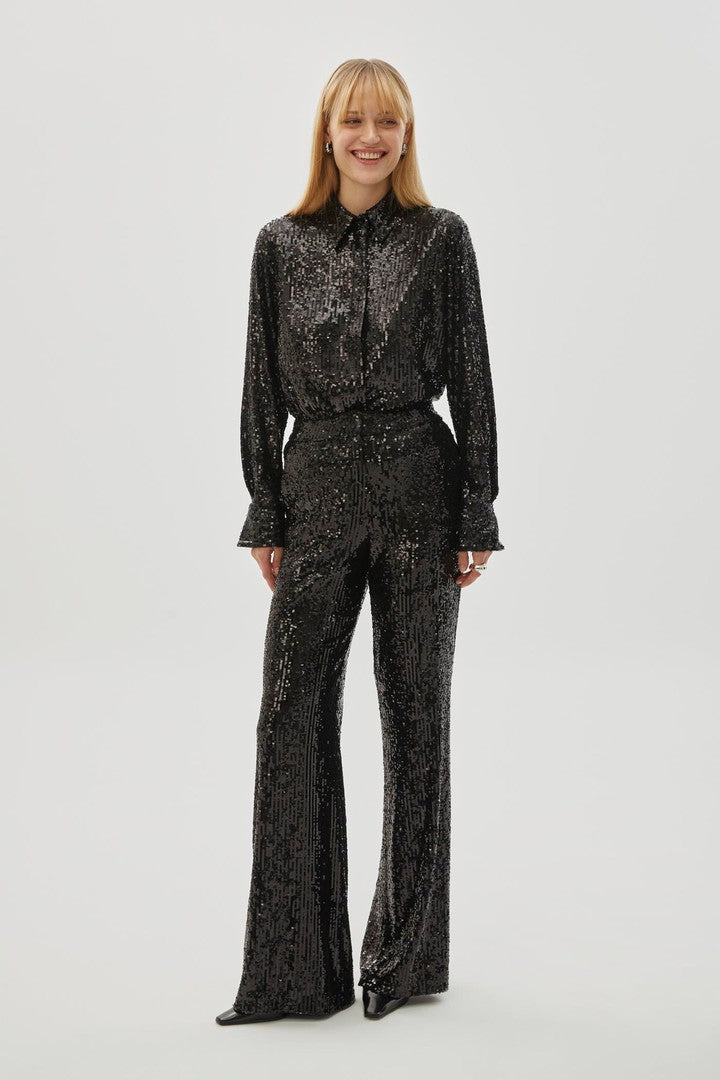 Black Wide Leg Pants with Lining and Sequin Embellishments