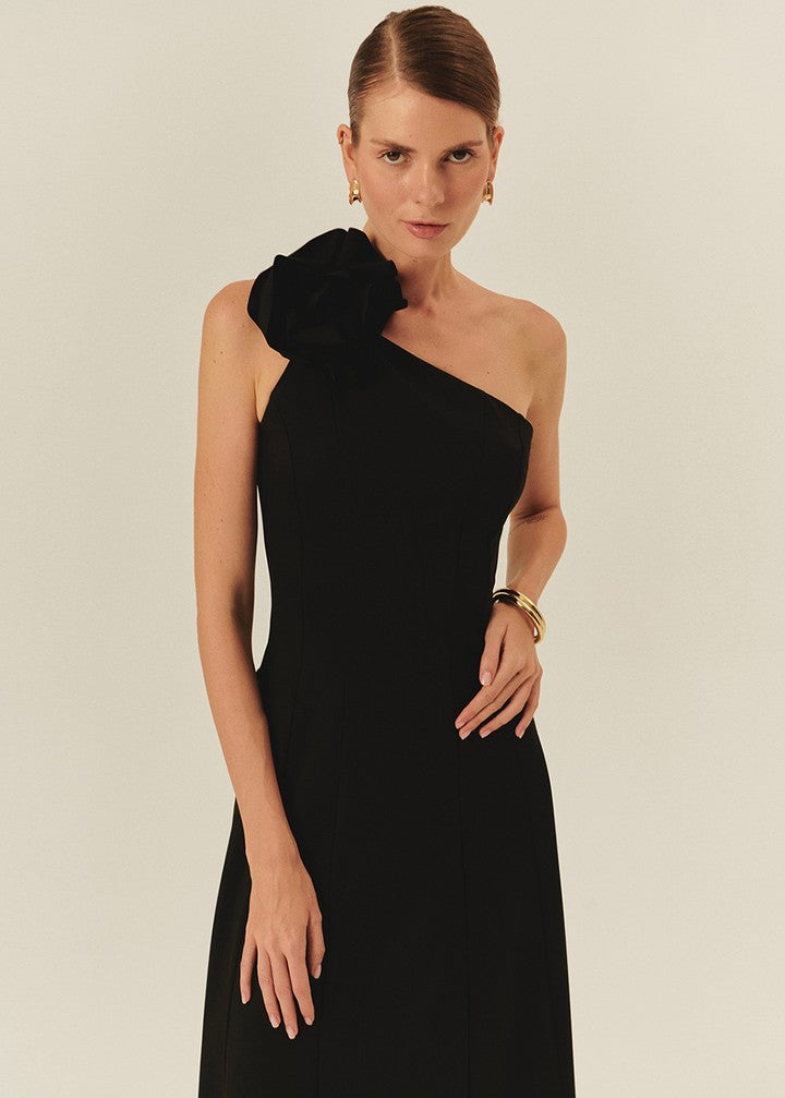 One-Shoulder Rose Appliqué  Dress