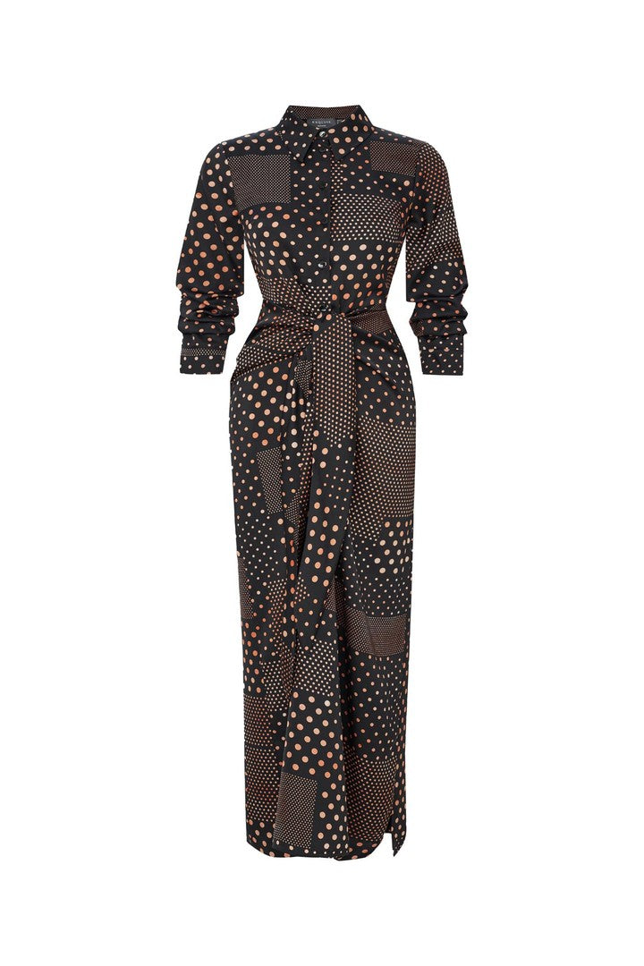 Polka Dot Maxi Shirt Dress with Long Sleeves