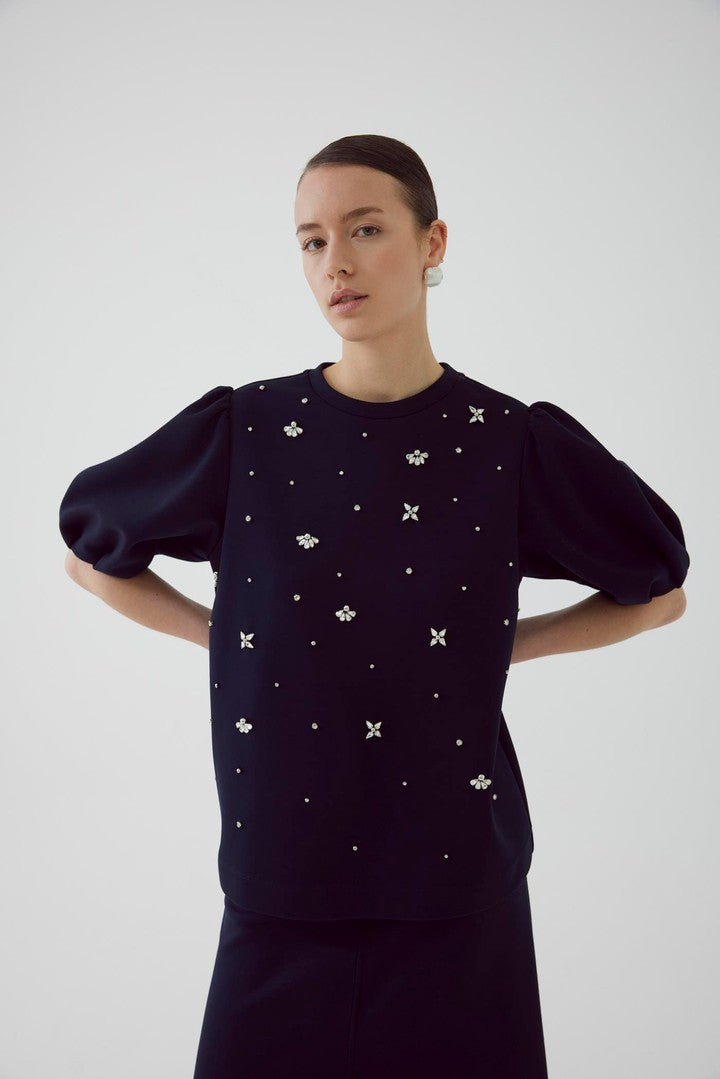 Navy Regular Fit Knit Sweatshirt with Crystal Stone Embellishments and Short Balloon Sleeves