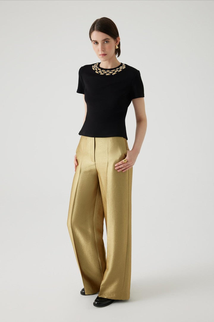 Regular Fit T-Shirt with Embroidered Neckline and Stone Details