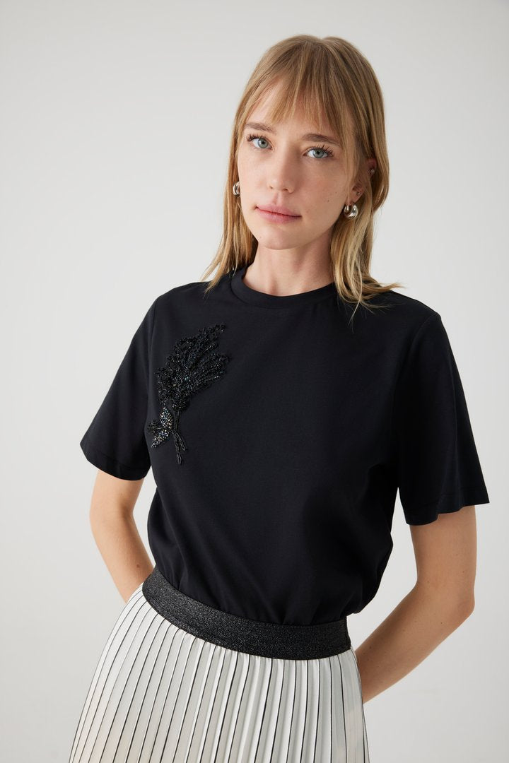 Black Regular Fit T-Shirt with Embroidered Crew Neck