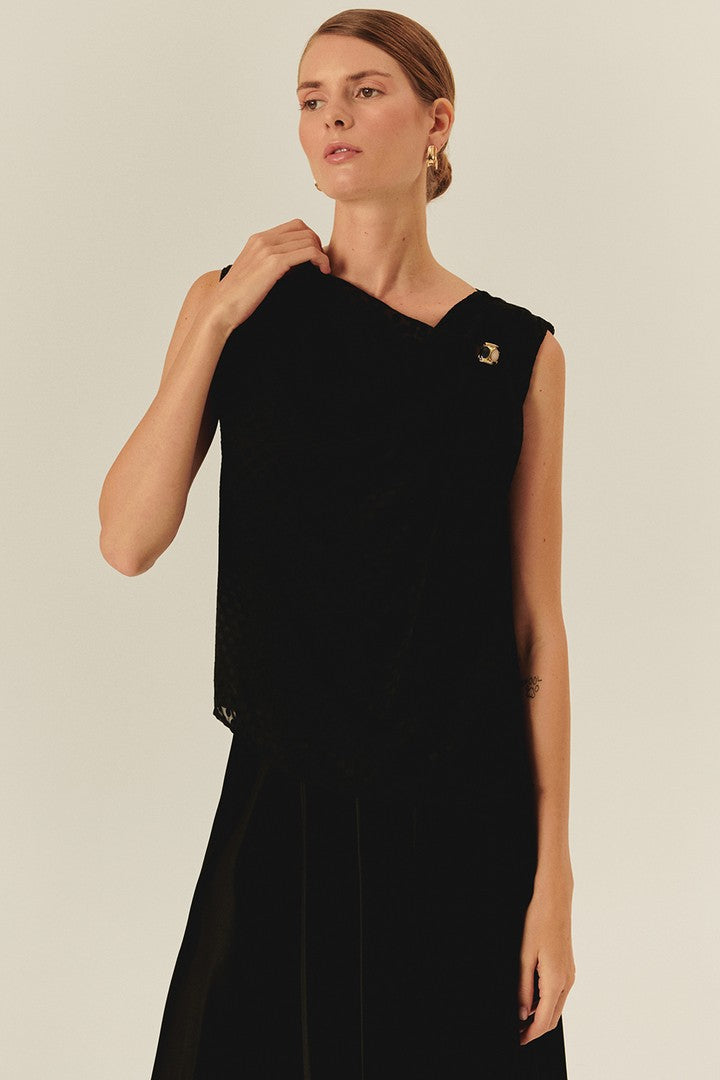 Asymmetric Neckline Sleeveless Black Blouse