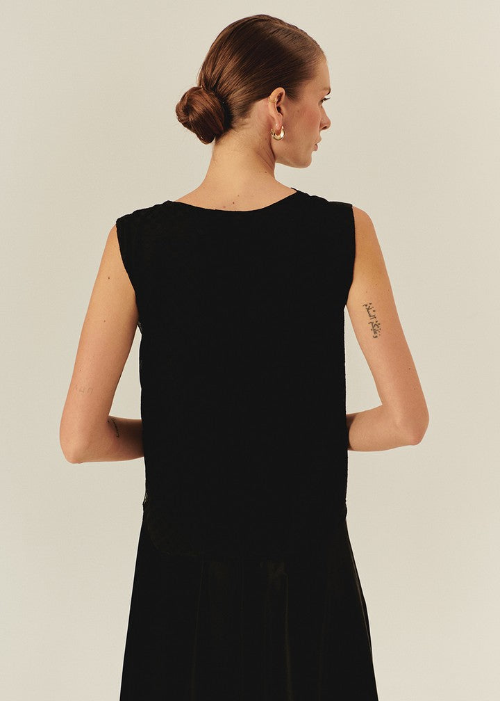 Asymmetric Neckline Sleeveless Black Blouse