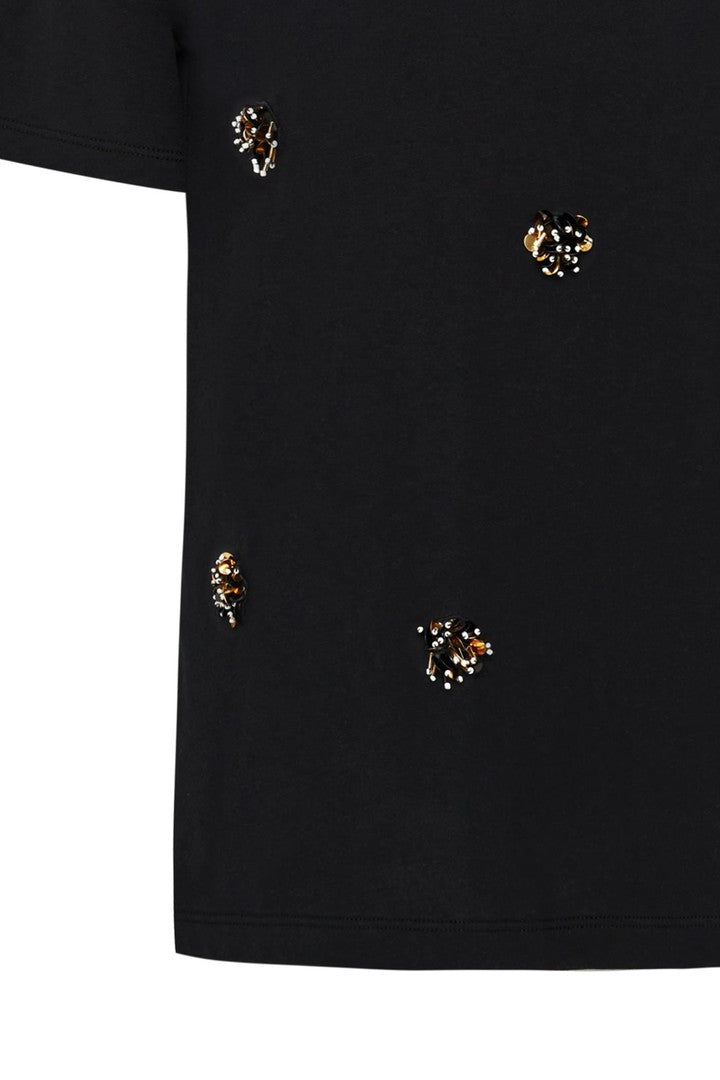 Black Regular Fit Stretch T-Shirt with Crew Neck and Beaded Embellishments