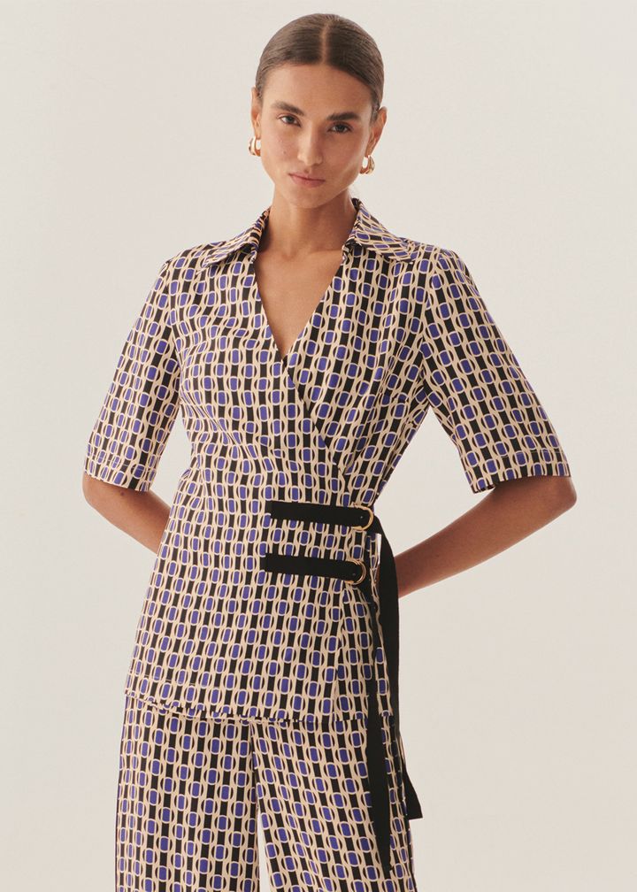 Checkered Belted Wrap Top