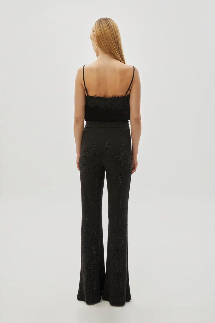 Black Slim Fit Flared Knit Pants with Sequin Print