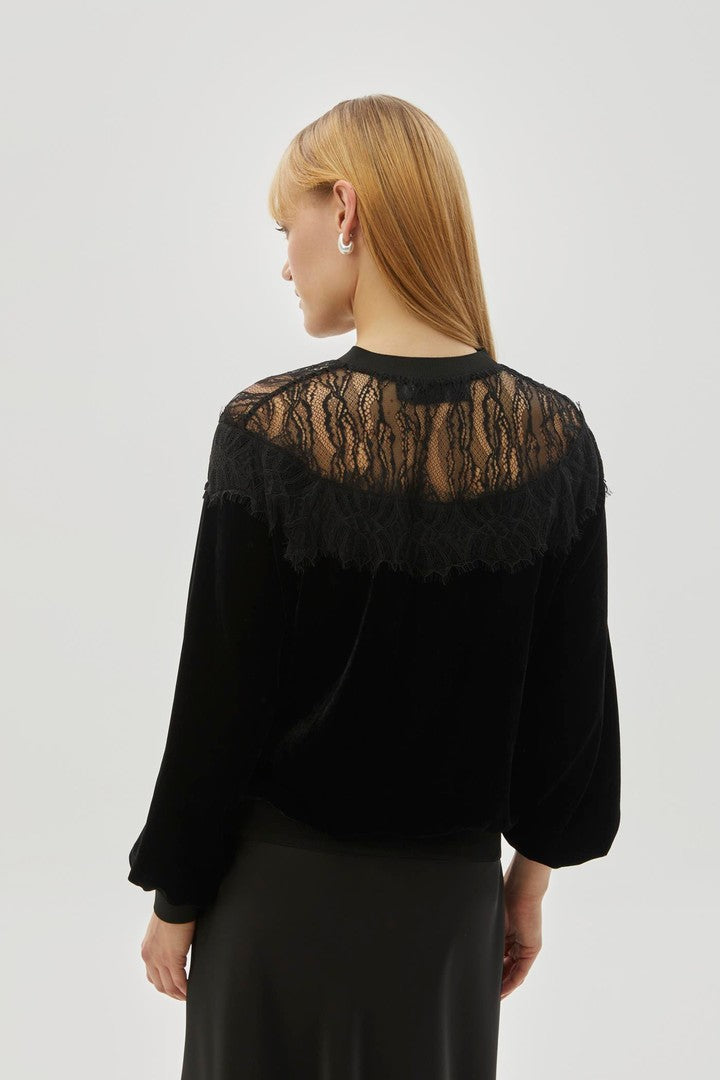 Black Regular Fit Blouse with Velvet and Tulle Details