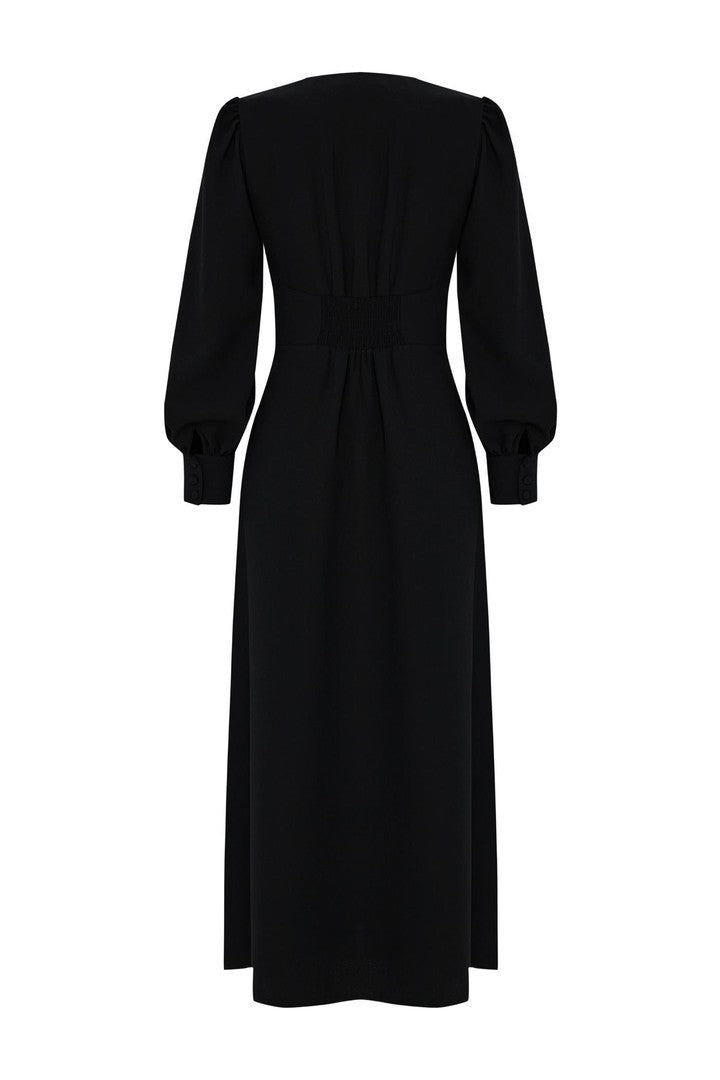 Black Regular Fit Midi Dress with Floral Embroidery