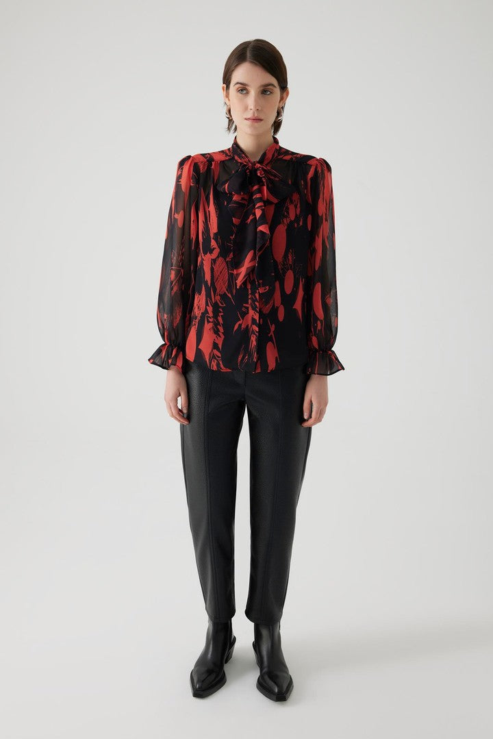 Patterned Sheer Chiffon Shirt with Tie Detail and No Lining