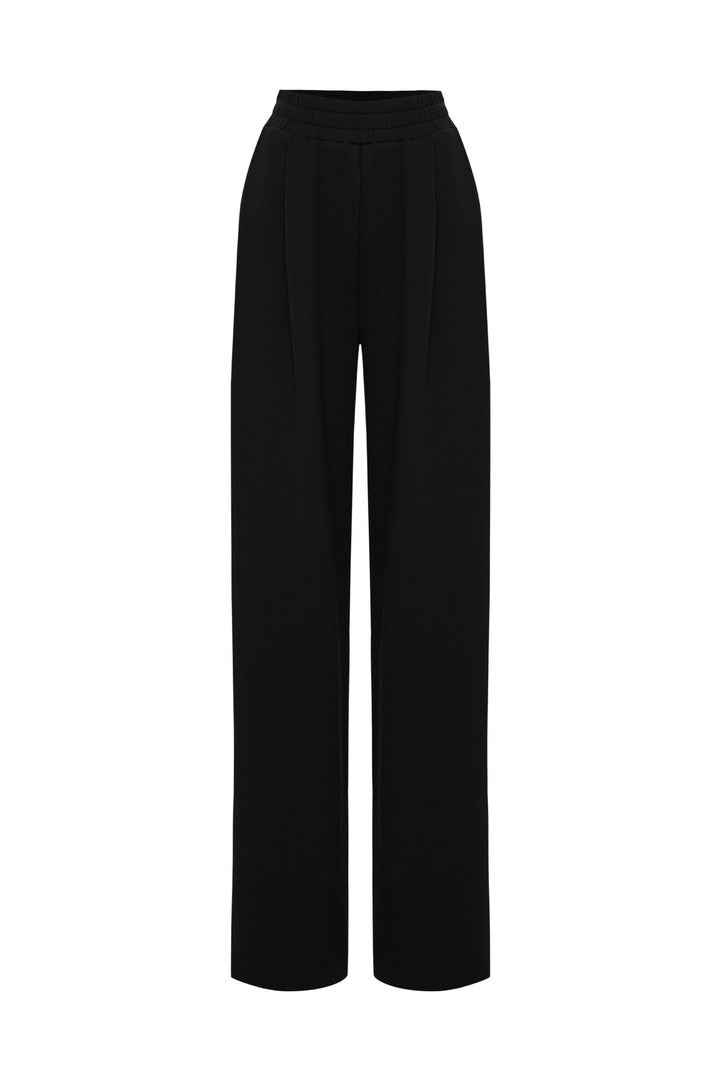 Black Regular Fit Wide Leg Pants with Elastic Waist