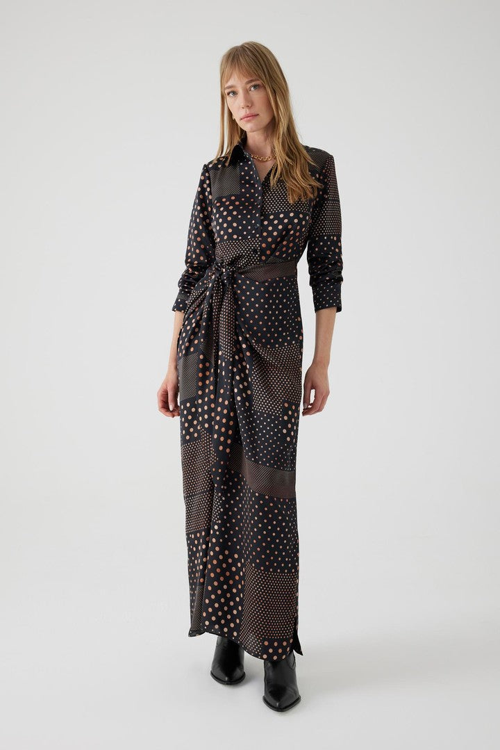 Polka Dot Maxi Shirt Dress with Long Sleeves