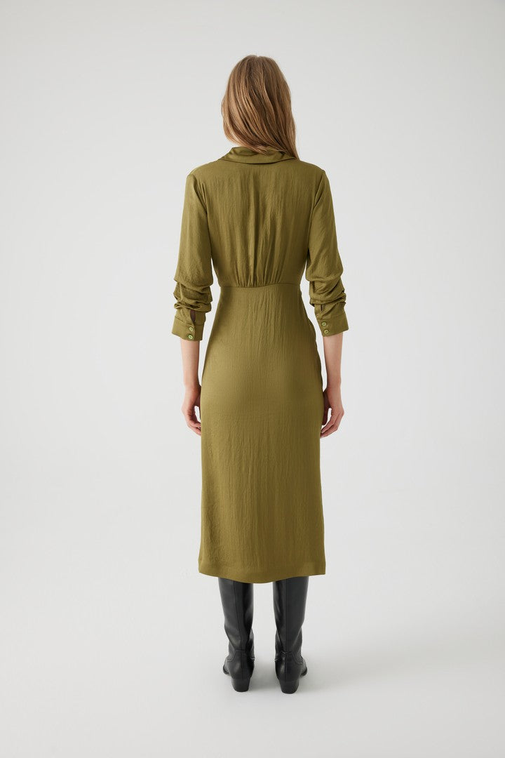 Khaki Midi Shirt Dress with Fitted Waist, Sleeve Details, and Waist Belt