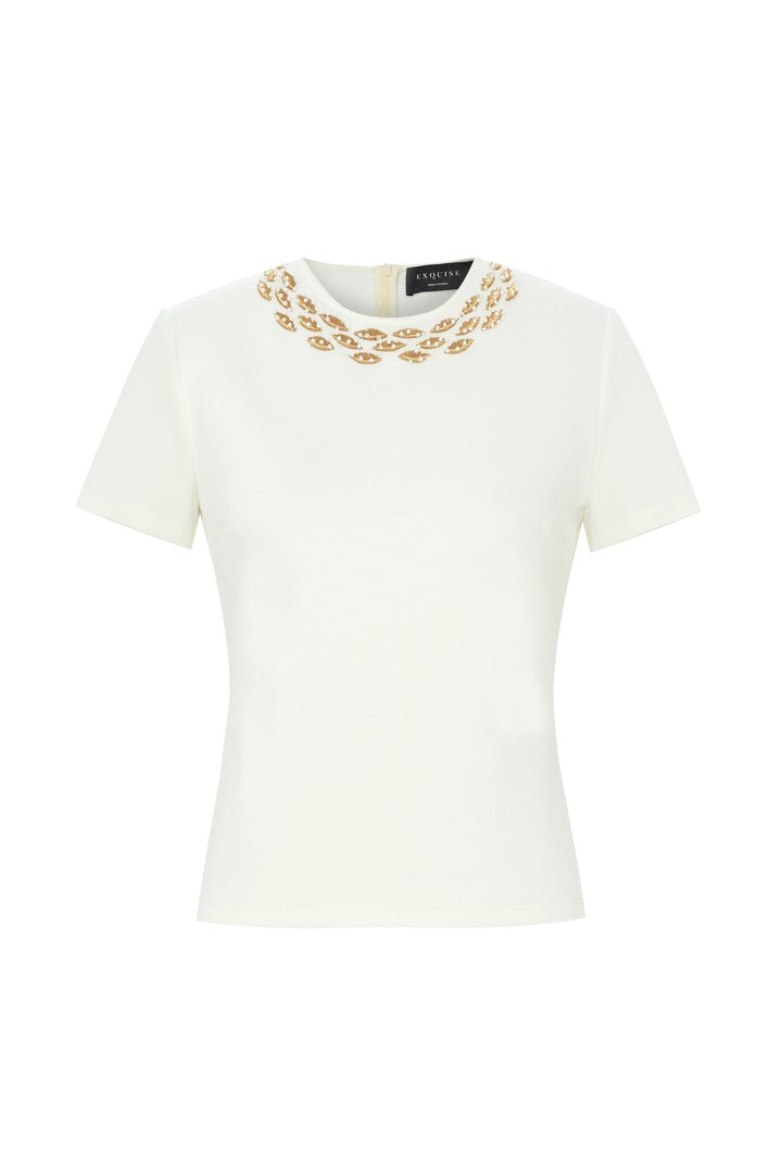 Regular Fit T-Shirt with Embroidered Neckline and Stone Details