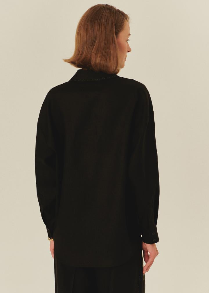 Relaxed Fit Black Pure Linen Shirt with Embroidered Details