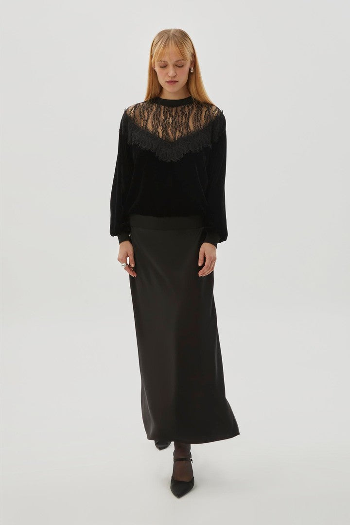 Black Regular Fit Blouse with Velvet and Tulle Details