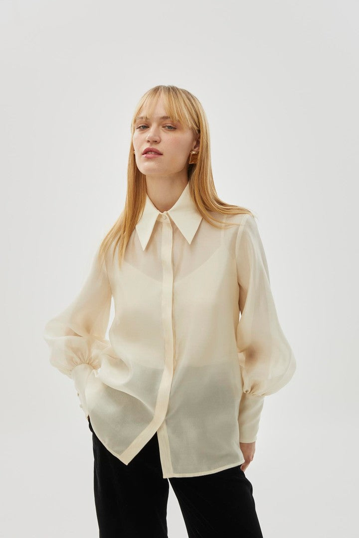 Regular Fit Sheer Shirt with Balloon Sleeves