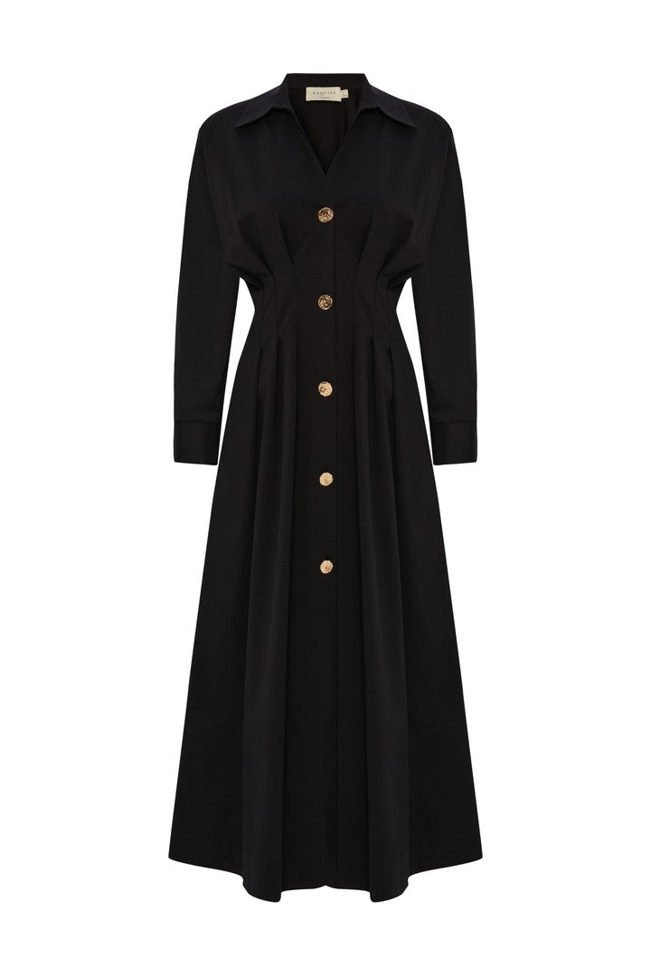 Cotton Midi Shirt Dress with Fitted Waist and Button Details