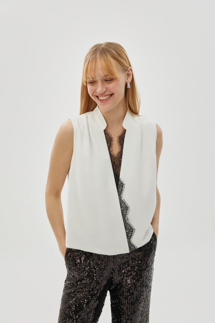 Bone Regular Fit Sleeveless Blouse with Lace Trim