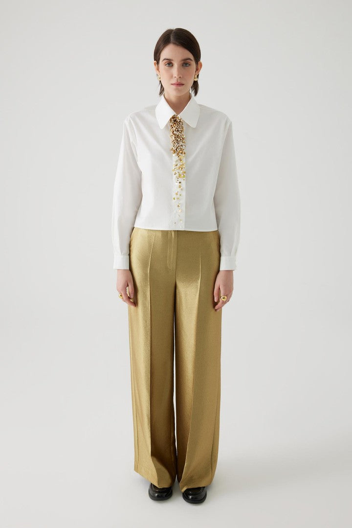 Ecru Straight Cut Cotton Shirt with Embroidered Details