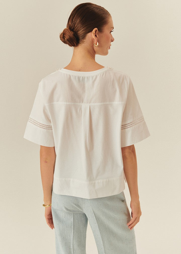White Cotton T-Shirt with Embroidered Sleeve Detail