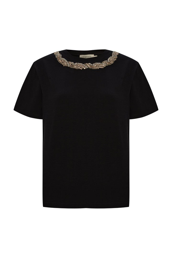 Regular Fit Cotton T-Shirt with Crystal Embellished Neckline