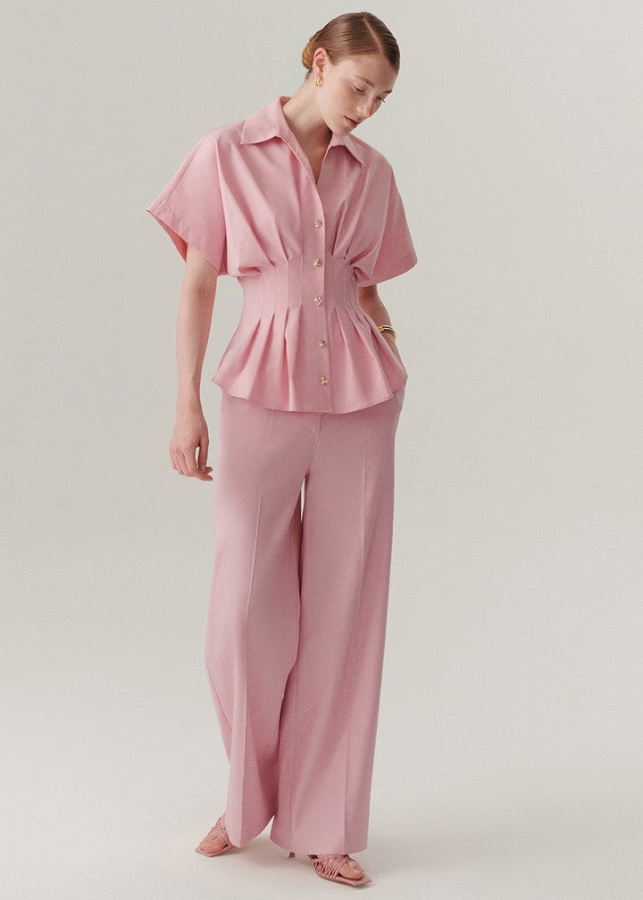 Pleated Waist Button-Up Blouse
