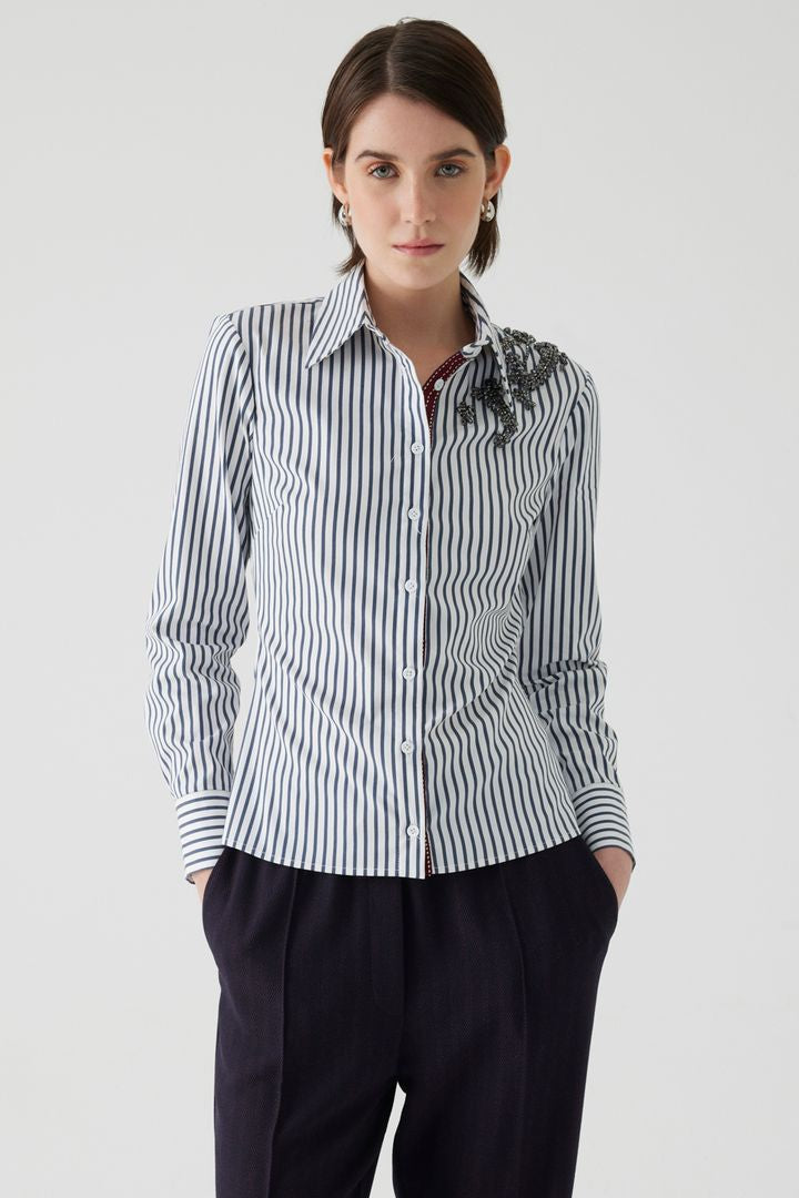 Slim Fit Striped Shirt with Fitted Waist and Embroidered Details