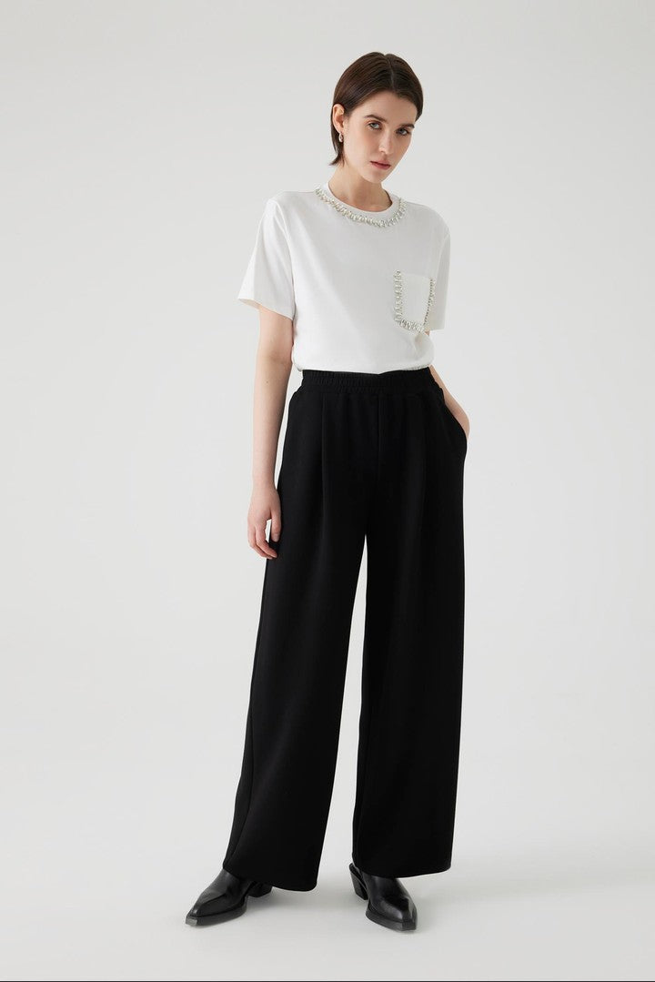 Black Regular Fit Wide Leg Pants with Elastic Waist
