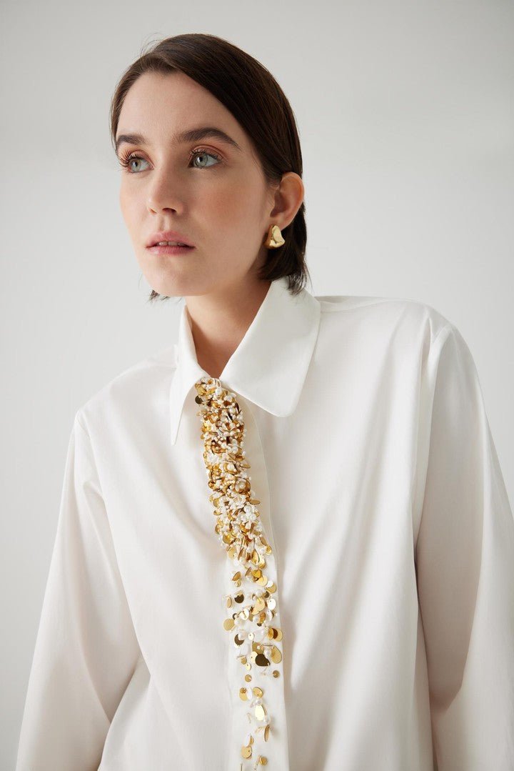 Ecru Straight Cut Cotton Shirt with Embroidered Details