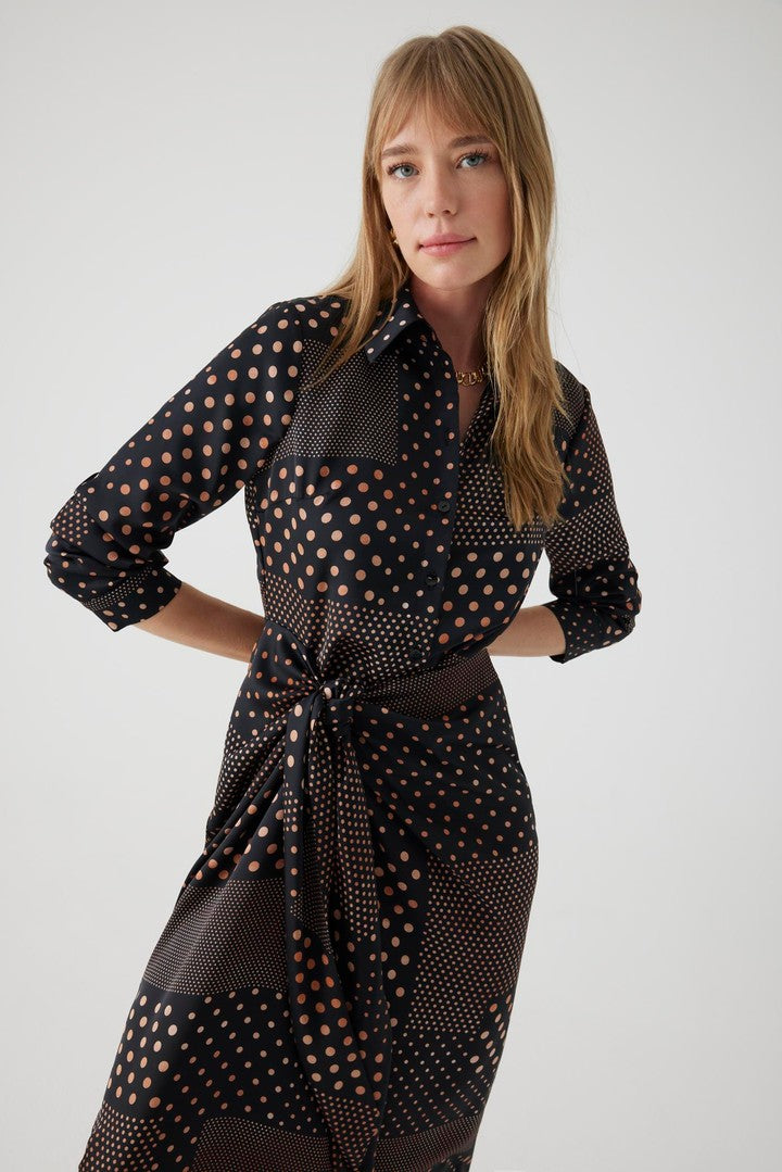 Polka Dot Maxi Shirt Dress with Long Sleeves